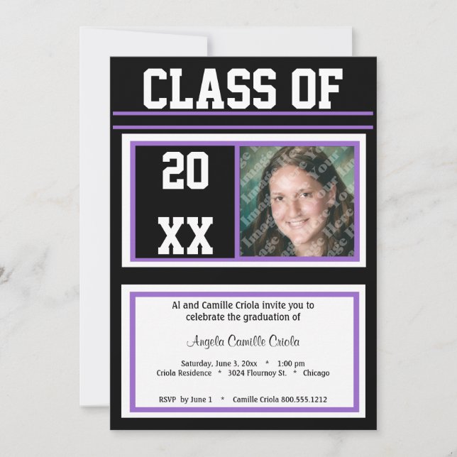 Convite Festa de formatura de Fotos de Classe Preta e Roxa (Frente)