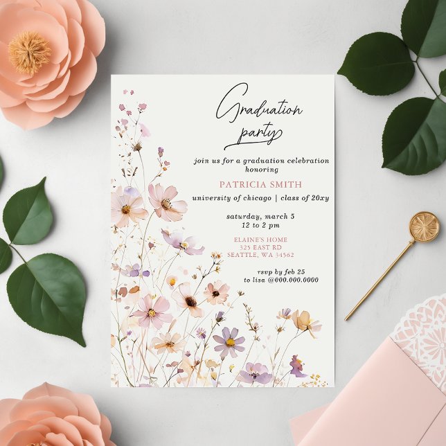 Convite Festa de formatura de Fotos Elegante de Flores Sel (Elegant Wildflowers Photo Graduation Party Invitation)