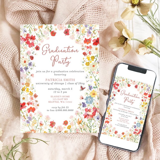 Convite Festa de formatura de Fotos Elegante de Flores Sel (Elegant Wildflowers Photo Graduation Party Invitation)