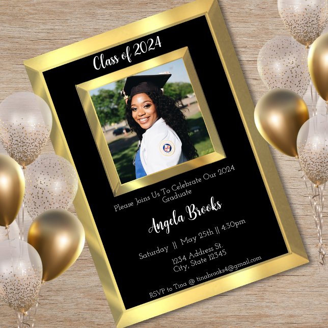 Convite Festa de formatura de fotos em bisel preto e Doura (Black & Gold Beveled Photo Graduation Party Invitation)