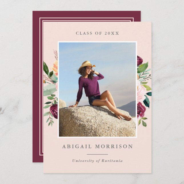 Convite Festa de formatura de Fotos Floral Blush Blush (Frente/Verso)