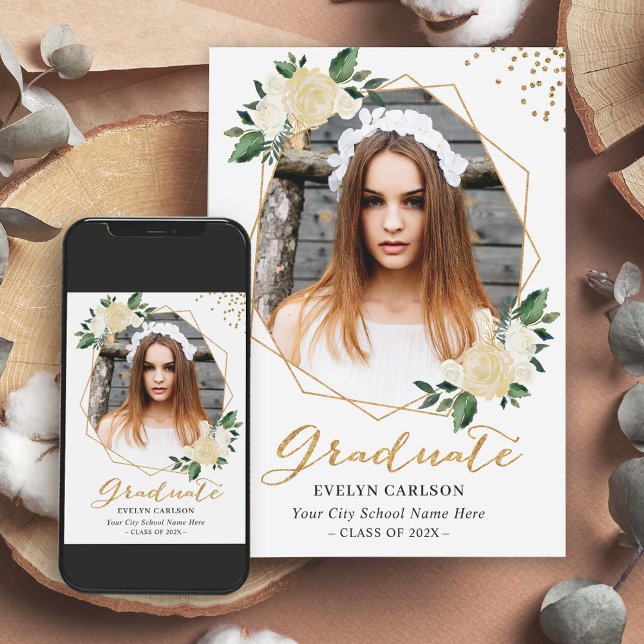 Convite Festa de formatura de Fotos Floral Dourada da Natu (Criador carregado)