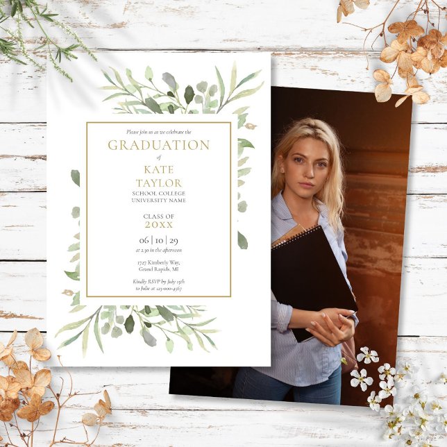Convite Festa de formatura de Fotos Moderna (Modern Greenery Photo Graduation Party Invitation)
