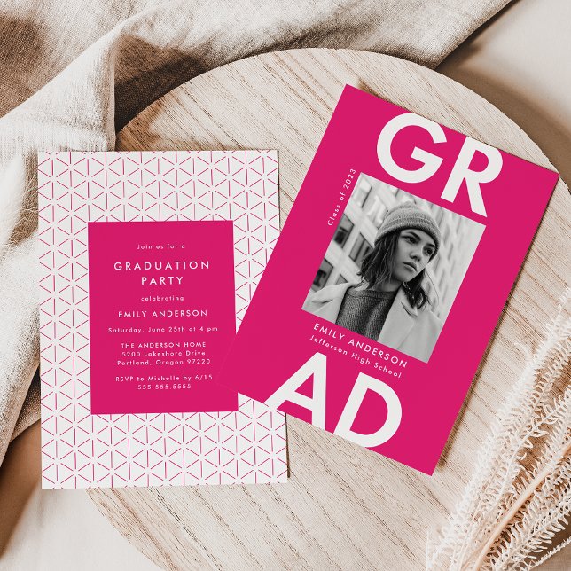 Convite Festa de formatura de fotos rosa-quente com Forman (Criador carregado)