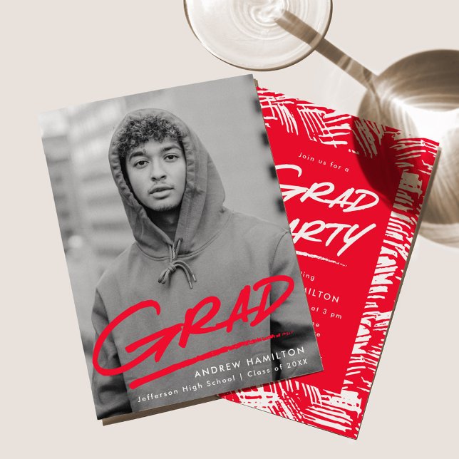 Convite Festa de formatura de Fotos Vermelha Moderna Dash (Criador carregado)