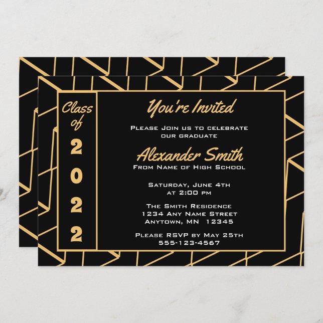 Convite Festa de formatura de fundo preto Dourado moderno (Frente/Verso)