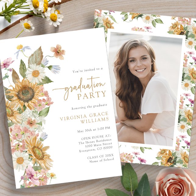 Convite Festa de formatura de girassol (Watercolor Sunflower Photo Graduation Party Invitation by Painted Paperie
)