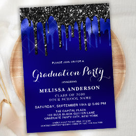 Convite Festa de formatura de Glitter Preto Azul Elegante