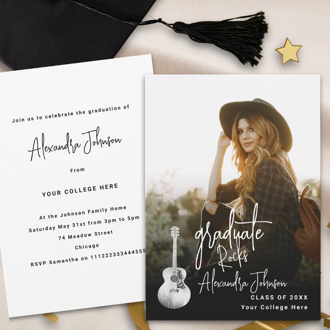Convite Festa de Formatura de Graduado Moderno Foto Vertic (Modern trendy vertical photo country music Graduation party invitation)
