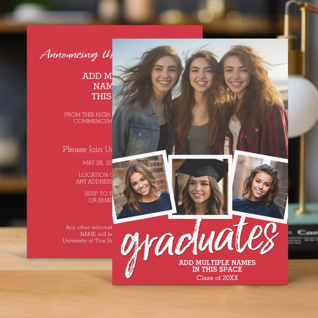 Convite Festa de formatura de grupo - 4 fotos vermelho (Group Graduation Invitation with 4 Photos and Party Information)