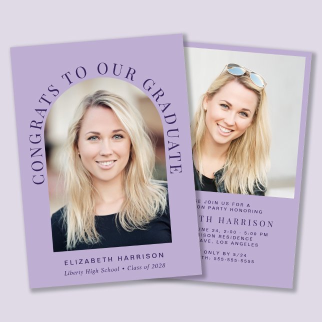 Convite Festa de formatura de Lavanda de Fotografia em Arc (An elegant arch photo graduation party invitation to celebrate the graduate's achievements)