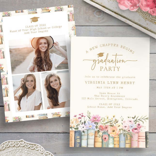 Convite Festa de formatura de livros (Watercolor Floral Books Graduation Party Invitation with Photos by Painted Paperie
)