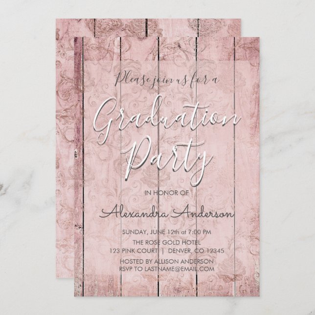 Convite Festa de formatura de madeira russa Dourada rosa r (Frente/Verso)