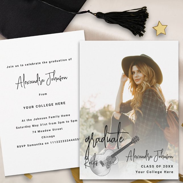 Convite Festa de formatura de Música Fotográfica Moderna (Modern trendy vertical photo Graduation announcement party invitation rustic country music guitar)