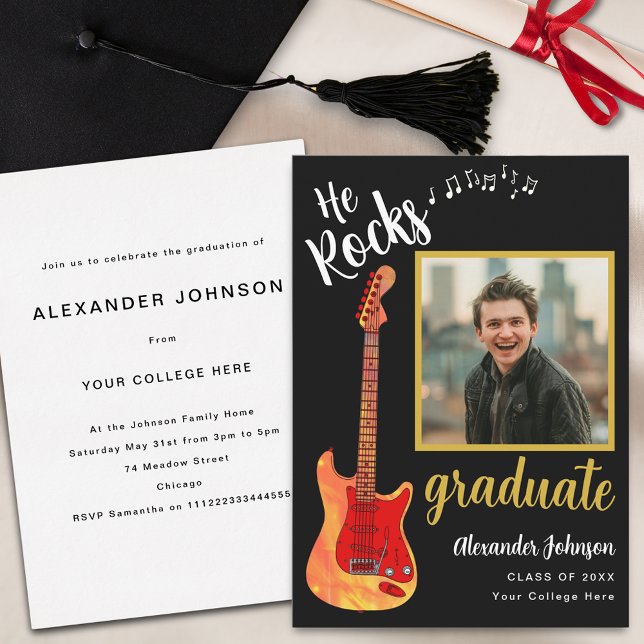 Convite Festa de formatura de Música Legal de Fotografia d (Modern graduate photo cool flame electric guitar music Graduation party invitation)