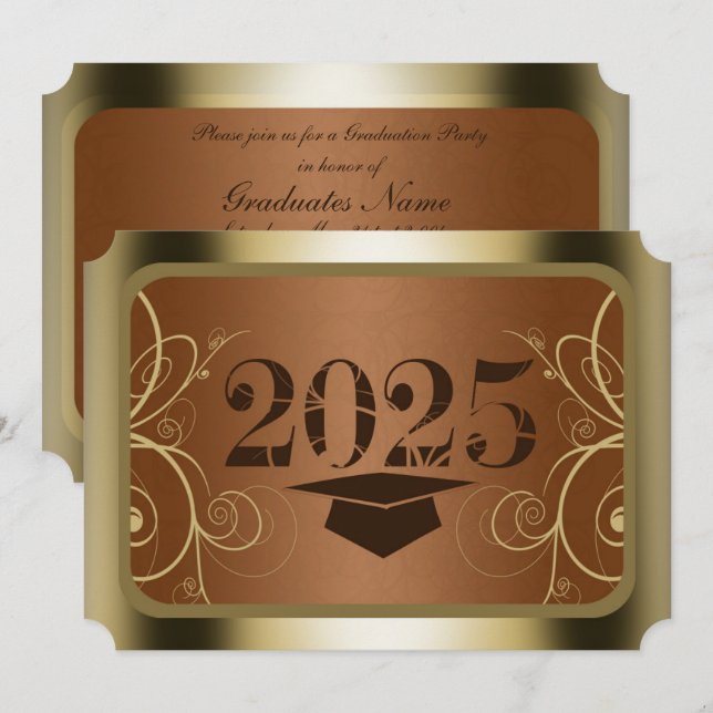 Convite Festa de formatura de Quadro Castanho e Dourado (Frente/Verso)