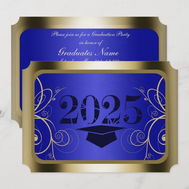 Convite Festa de formatura de quadros azul e Dourada (Frente/Verso)