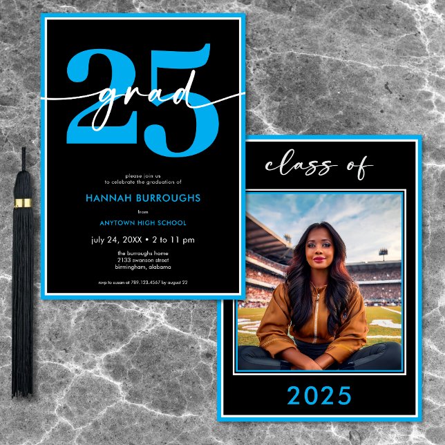 Convite Festa de formatura de Script Azul Mínimo Moderno (Modern Minimal Blue Script Graduation Party Invitation)