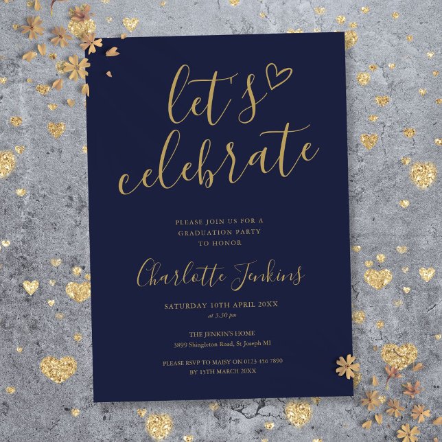 Convite Festa de formatura de Script de Celebração de Vamo (Blue Gold Let's Celebrate Script Graduation Party Invitation)