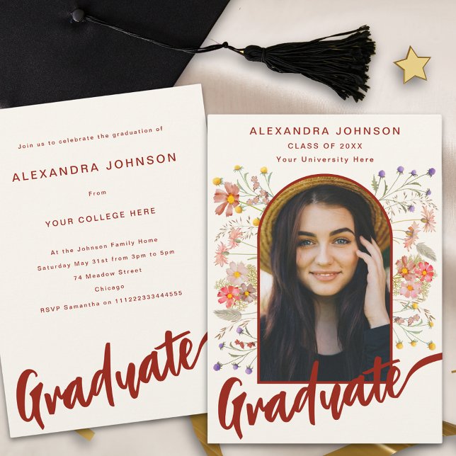 Convite Festa de formatura de Script de Fotografia do Form (Boho floral burnt orange script graduate photo arch Graduation party invitation)