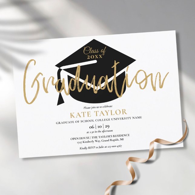Convite Festa de formatura de Script Dourado Simples Moder (Modern Simple Gold Script Graduation Party Invitation)
