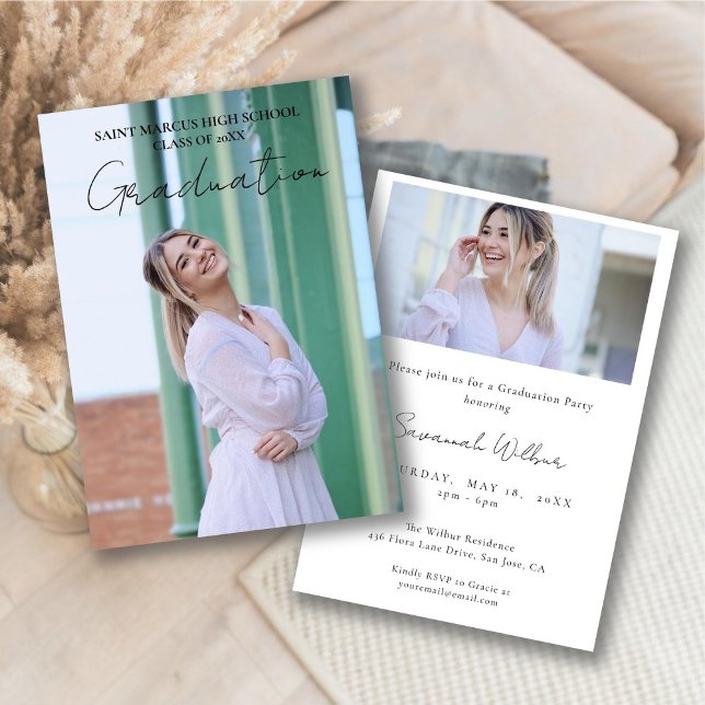 Convite Festa de formatura de Script Mínimo Moderno (Modern Minimal Simple Script Graduation Party Invitation - Front and Back)