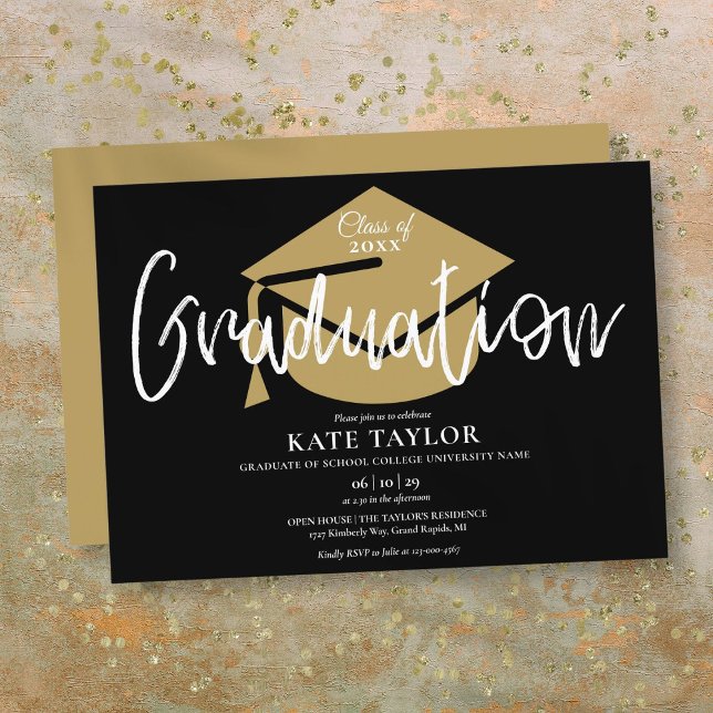 Convite Festa de formatura de Script Preto E Dourado (Black And Gold Script Graduation Party Invitation)