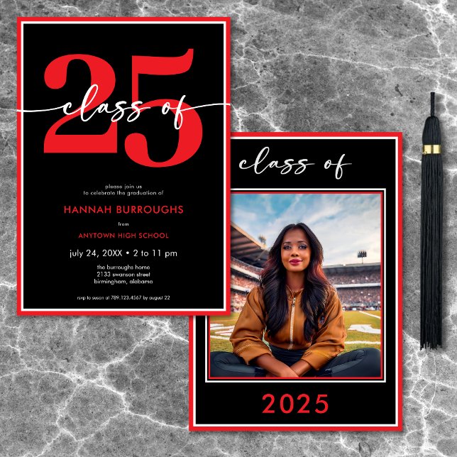 Convite Festa de formatura de Script Vermelho Mínimo Moder (Modern Minimal Red Script Graduation Party Invitation)