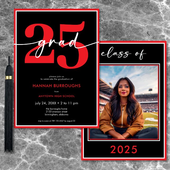 Convite Festa de formatura de Script Vermelho Mínimo Moder (Modern Minimal Red Script Graduation Party Invitation)