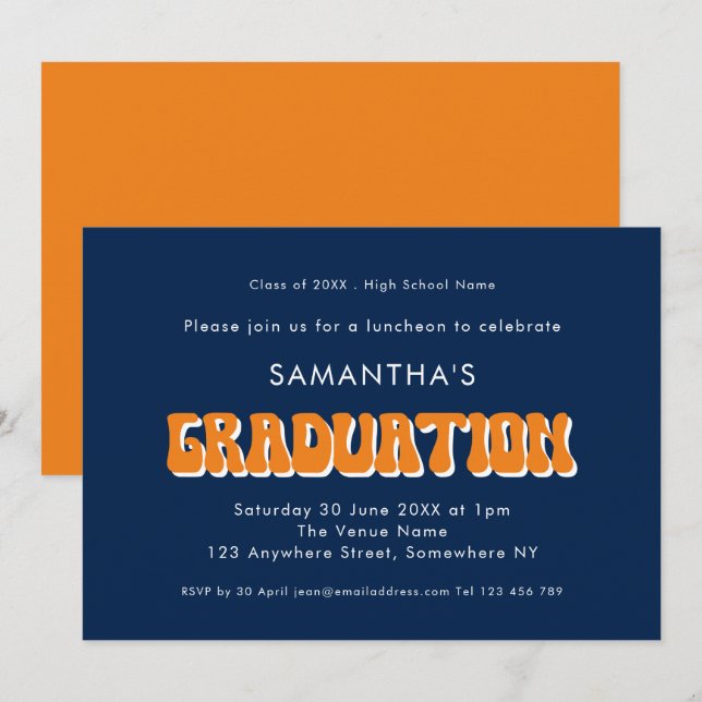 Convite Festa de formatura de Texto do Marinho Laranja Ret (Frente/Verso)
