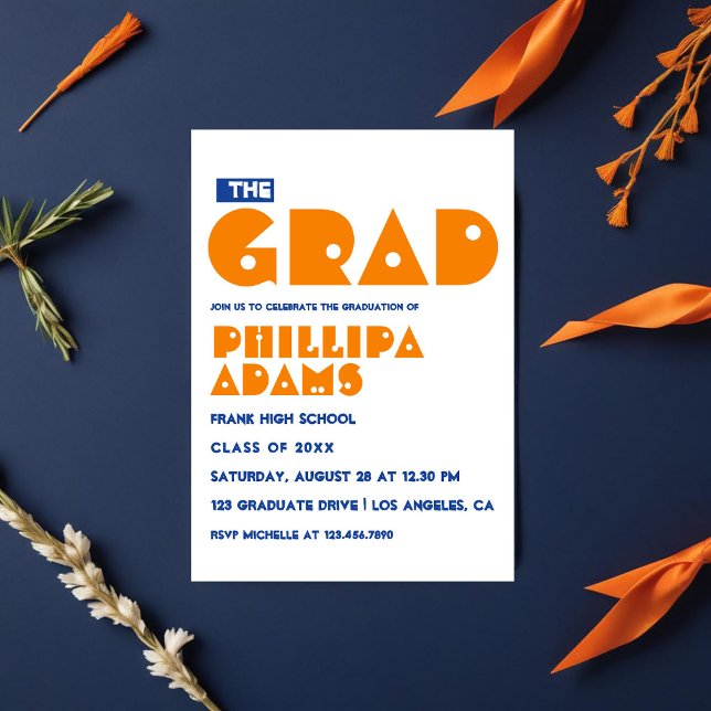 Convite Festa de formatura de Tipografia Azul e Laranja (Blue and Orange Typography Graduation Party Invitation)