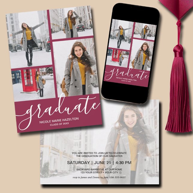 Convite Festa de formatura de várias fotos (Multi Photo Maroon Graduation Party Invitations - PRINTED and/or INSTANT DOWNLOAD)