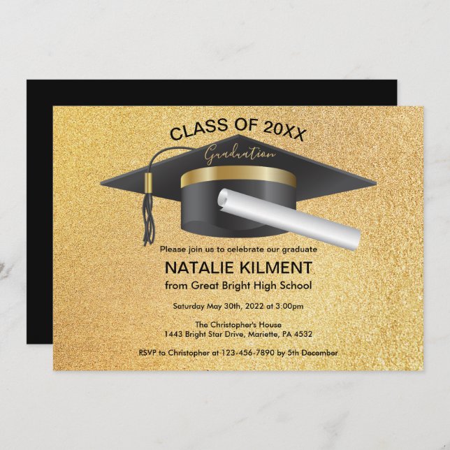 Convite Festa de formatura do Boné preto e Dourado (Frente/Verso)