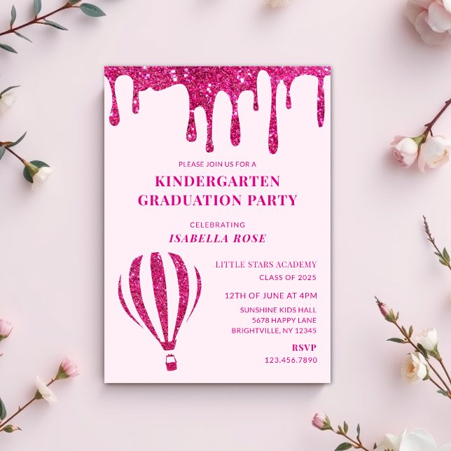 Convite Festa de formatura do jardim de infância rosa quen (hot pink kindergarten graduation party invitations, graduation invitations, graduation day invites)