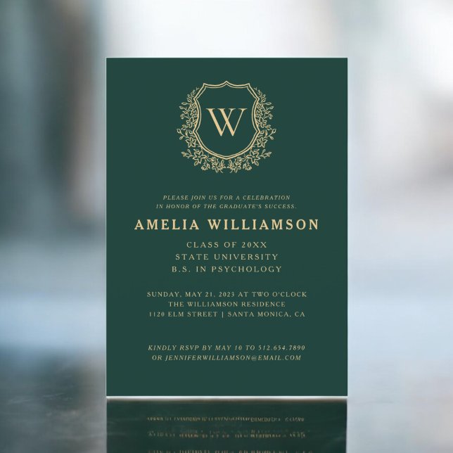 Convite Festa de formatura do Monograma do Crest Dourado E (Criador carregado)