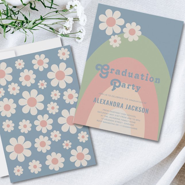 Convite Festa de formatura do Pastel Retroativo (Retro vintage daisy arch graduation party invitation in pastel colors blue green peach pink)