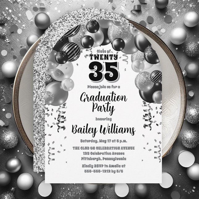 Convite Festa de formatura dos Balões de Prata Pretos (Black | Silver Balloons Class Year Graduation Party Invitations - Print and/or Download Available)