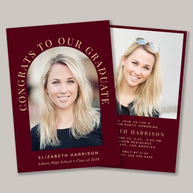 Convite Festa de formatura Dourada de Foto de Arch Elegant (An elegant arch photo graduation party invitation to celebrate the graduate's achievements)