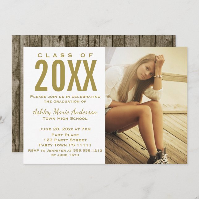 Convite Festa de formatura Dourada de madeira russa com fo (Frente/Verso)