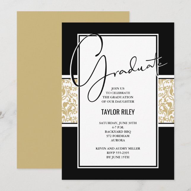 Convite Festa de formatura Dourada do Damasco Preto (Frente/Verso)