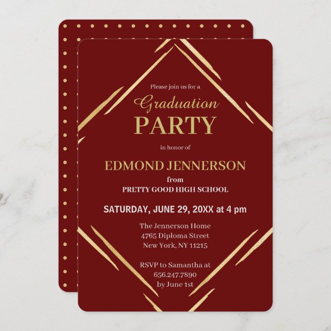 Convite Festa de formatura Dourada Elegante Burgundy (Frente/Verso)