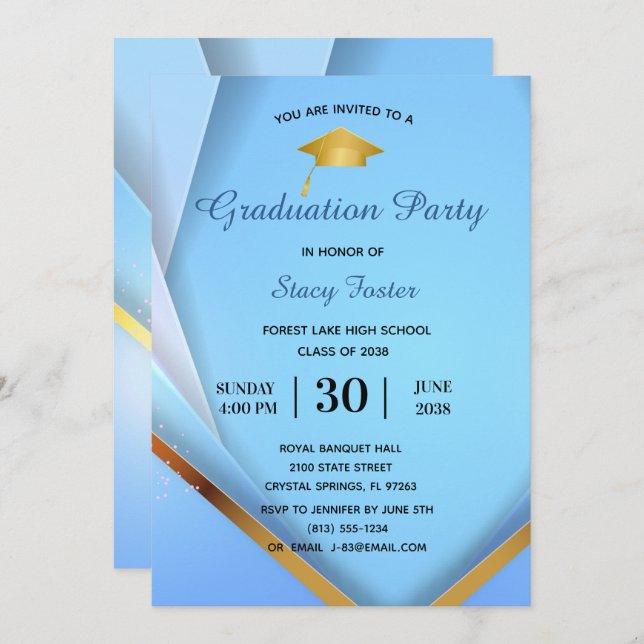 Convite Festa de formatura Dourada em camadas azuis Formal (Frente/Verso)