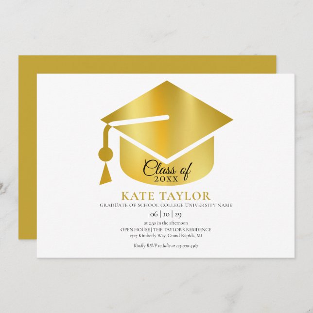 Convite Festa de formatura Dourada Simples Moderna (Frente/Verso)
