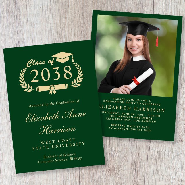 Convite Festa de Formatura Elegante com Letra Dourada em V (Elegant Photo Gold Script Green Graduation Party Invitation)