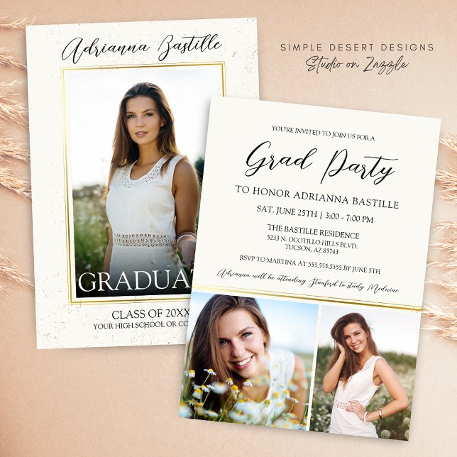 Convite Festa de formatura Elegante de Caligrafia Dourada  (Elegant Cream and Gold Signature Graduation Invitation)