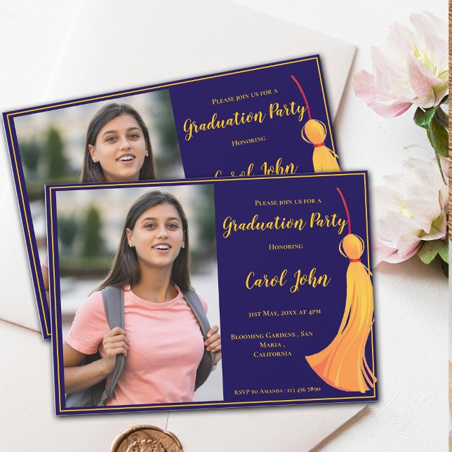 Convite Festa de formatura Elegante Dourado Azul 2025 (Blue Gold Tassel Elegant 2025 Graduation Party Invitation)