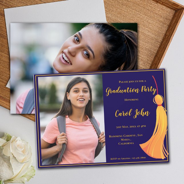 Convite Festa de formatura Elegante Dourado Azul 2025 (Blue Gold Tassel Elegant 2025 Graduation Party Invitation)