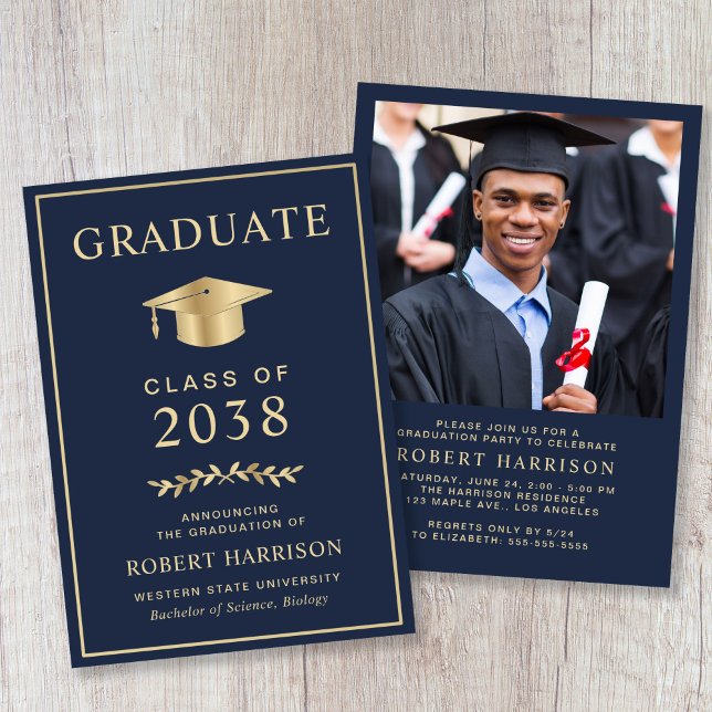 Convite Festa de Formatura Elegante em Azul e Dourado (Elegant Photo Blue Gold College Graduation Party Invitation)