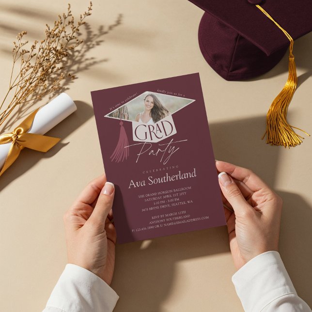 Convite Festa de formatura Elegante para Boné e Formando d (Elegant Grad Cap & Tassel Photo Graduation Party Invitation)
