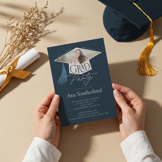 Convite Festa de formatura Elegante para Boné e Formando d (Elegant Grad Cap & Tassel Photo Graduation Party Invitation)